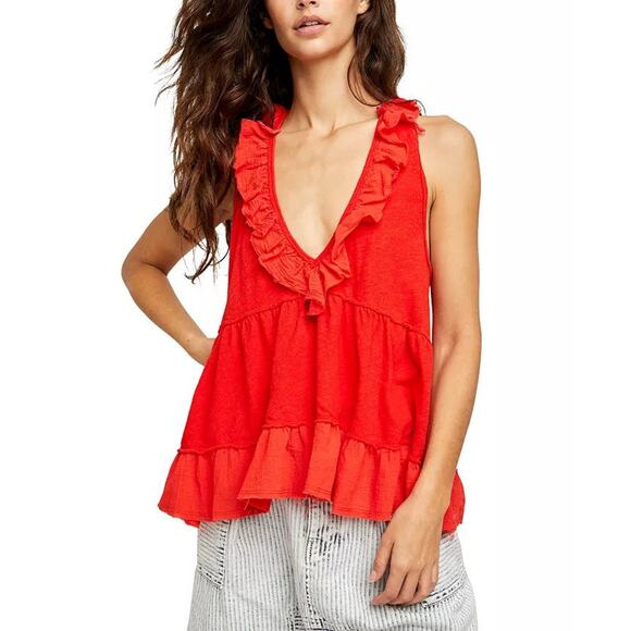 Free People Out And About Linen-Blend Ruffle Tank - XL - Scarlet Ibis - Picture 1 of 3